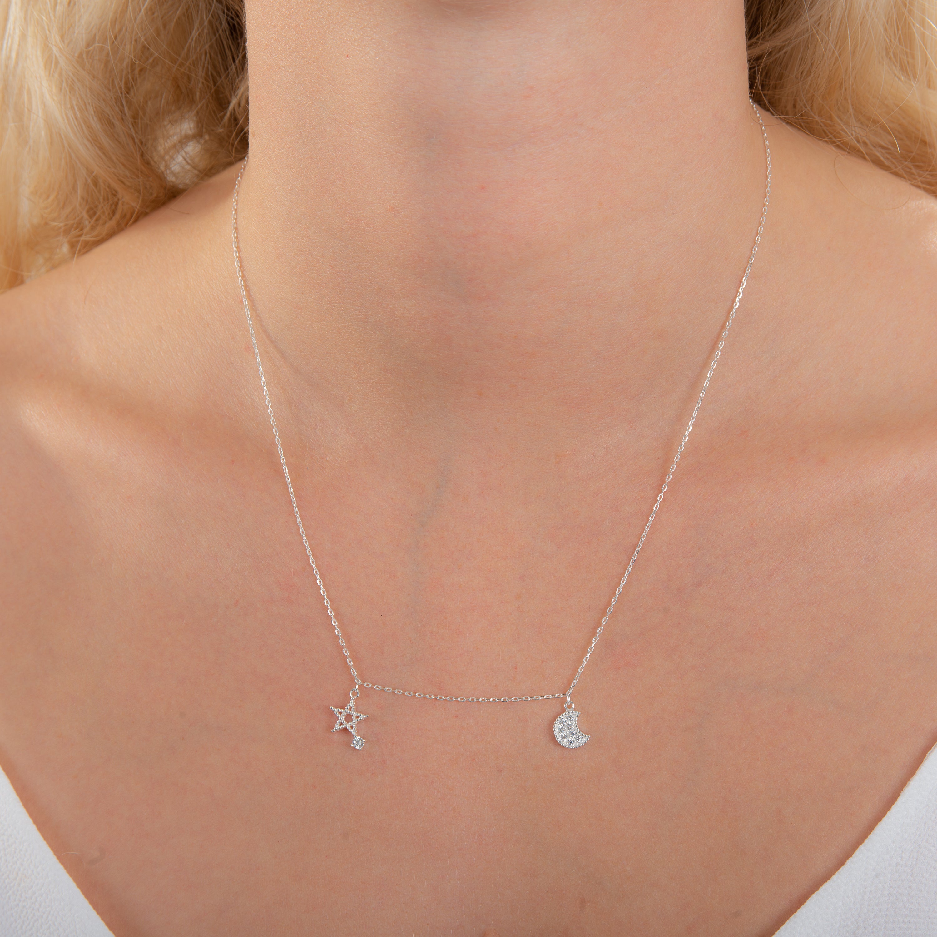 Sterlingsilber Stern & Mond Klar CZ Kristall Halskette