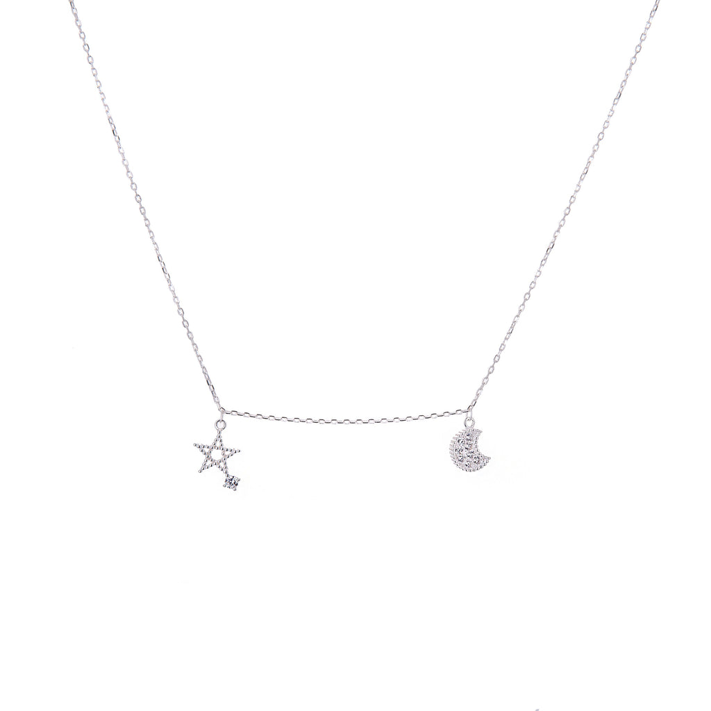 Sterlingsilber Stern & Mond Klar CZ Kristall Halskette