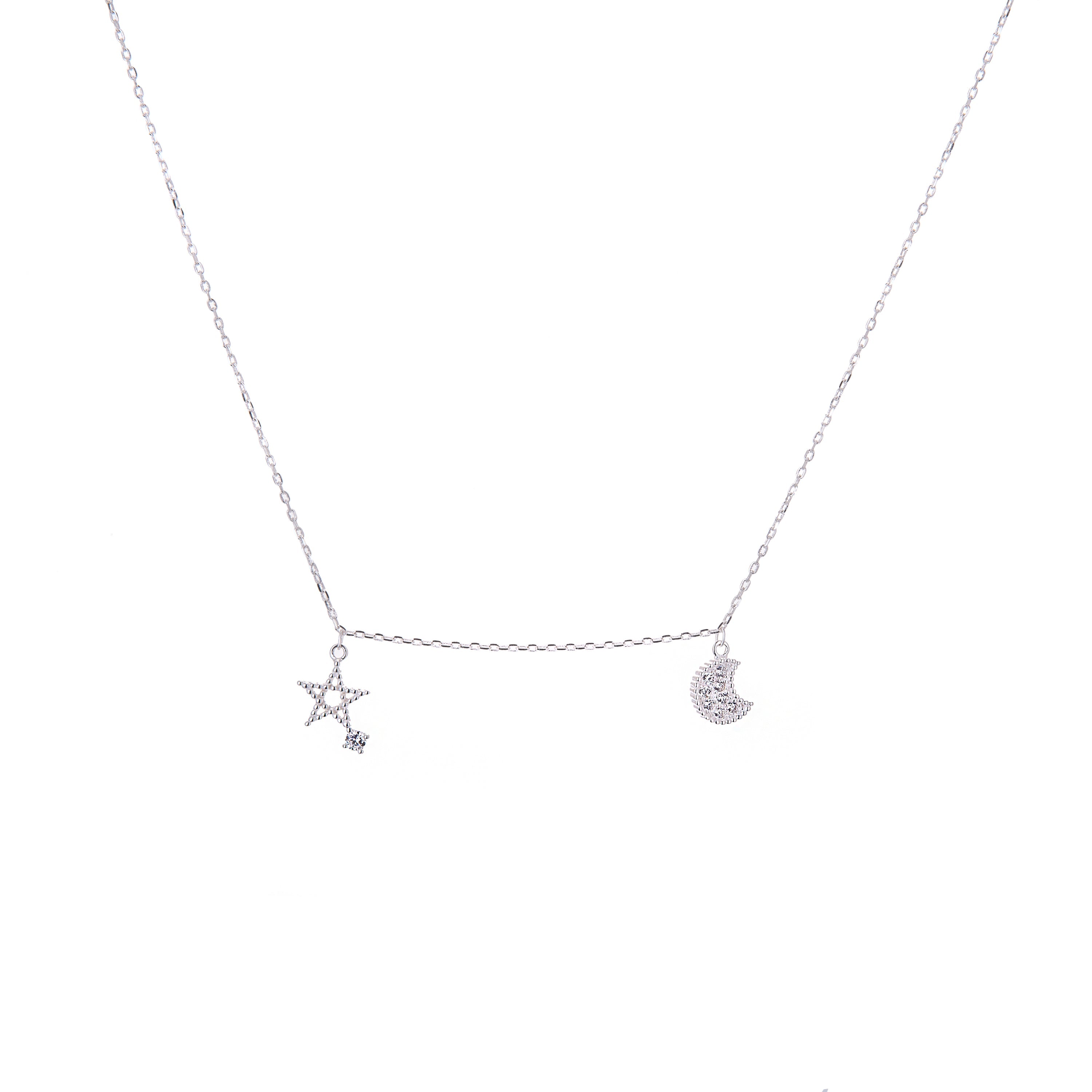 Sterlingsilber Stern & Mond Klar CZ Kristall Halskette