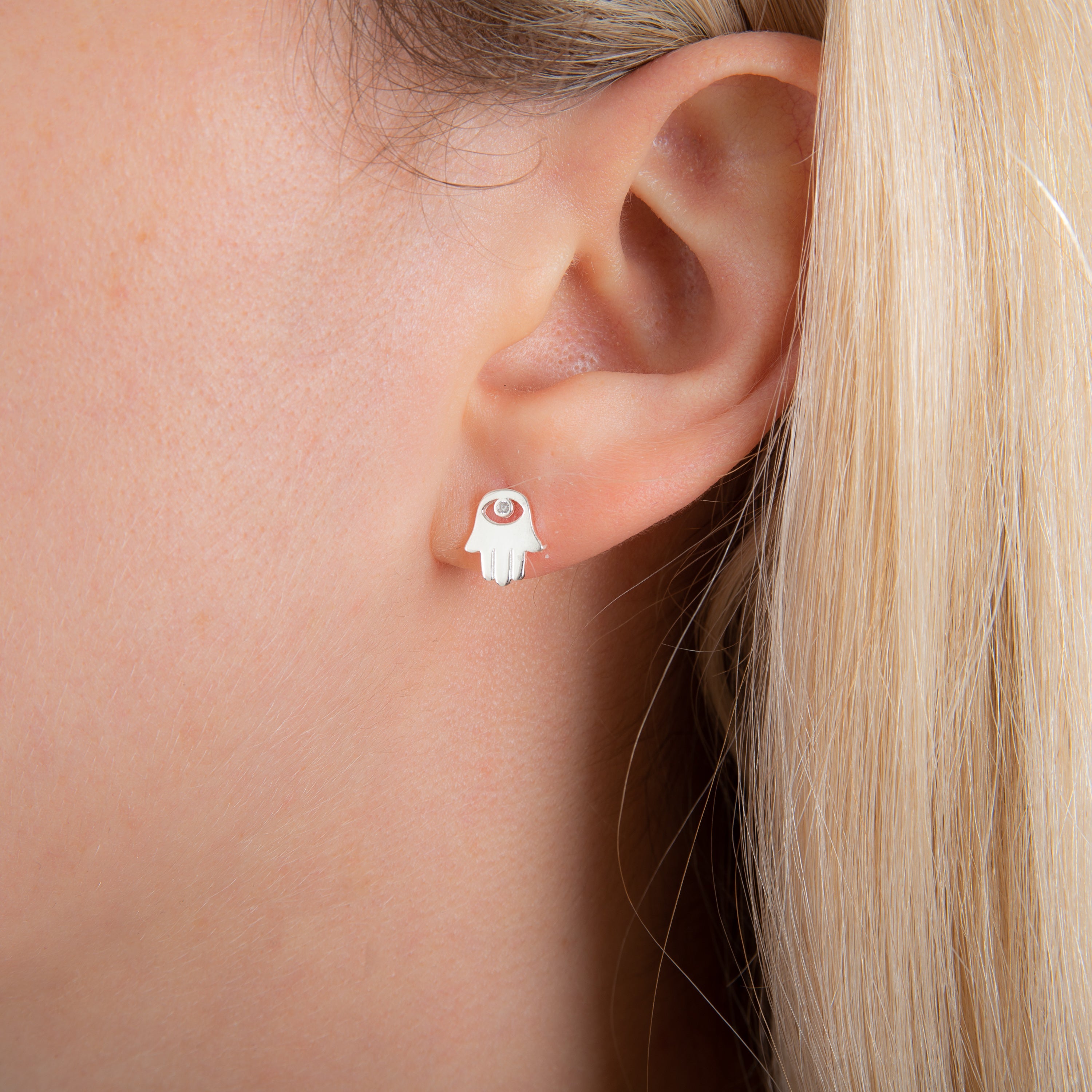 Sterlingsilber Hamsa Hand Klar CZ Kristall Auge Ohrstecker