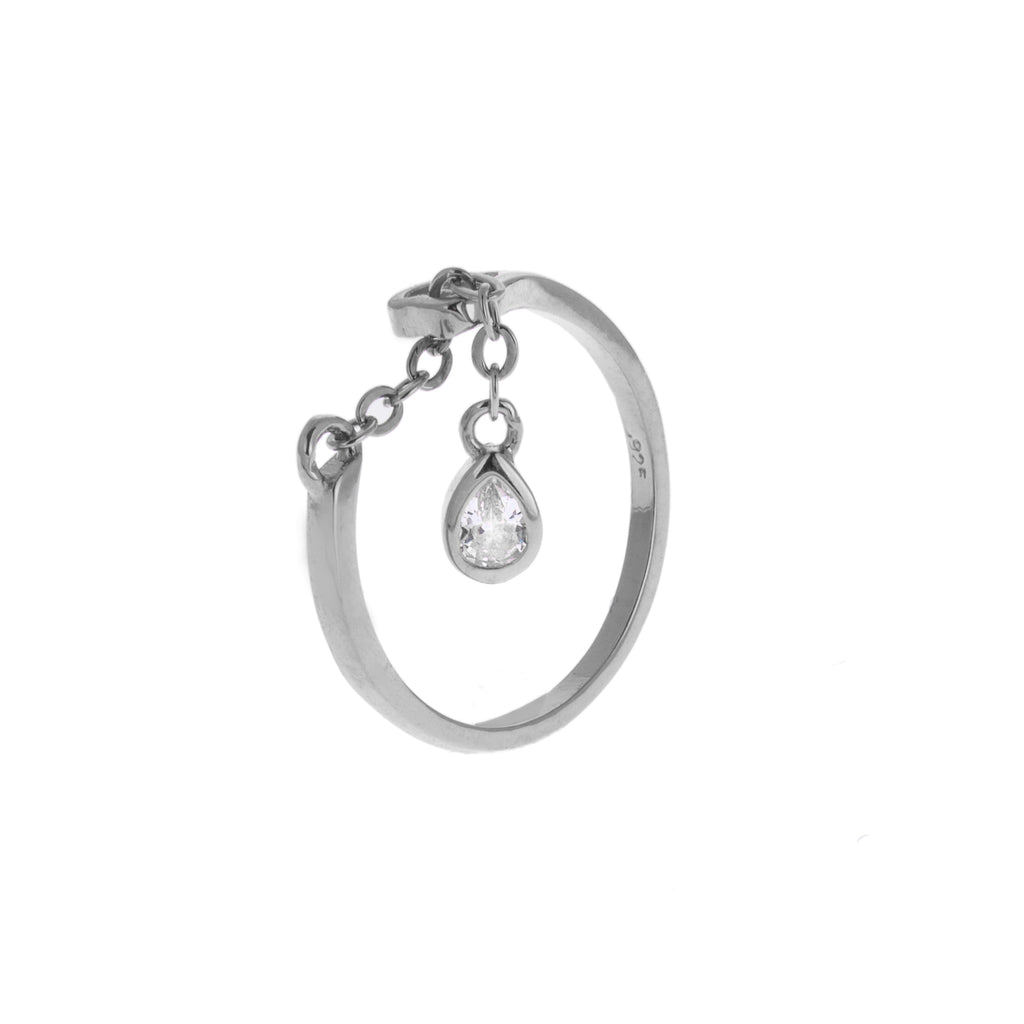 Sterlingsilber Klar CZ Tränentropfen Kettenhänger Ring Größenverstellbar