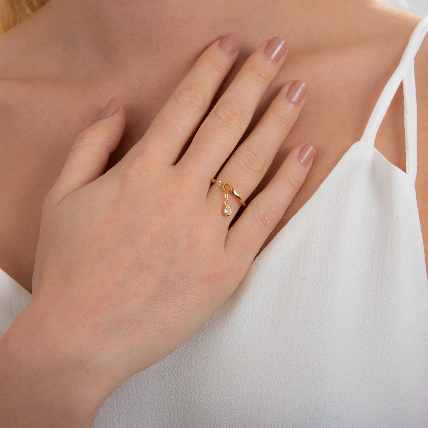 Vergoldet Sterlingsilber Tränentropfen Klar CZ Kettenhänger Baumel Größenverstellbar Ring