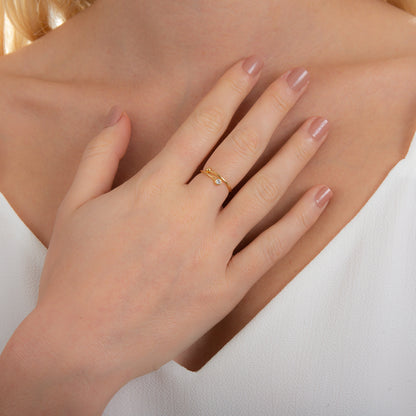 Gelbvergoldet Sterlingsilber Rund Klar CZ Kristall & Kugel Minimalismus Offen Größenverstellbar Ring