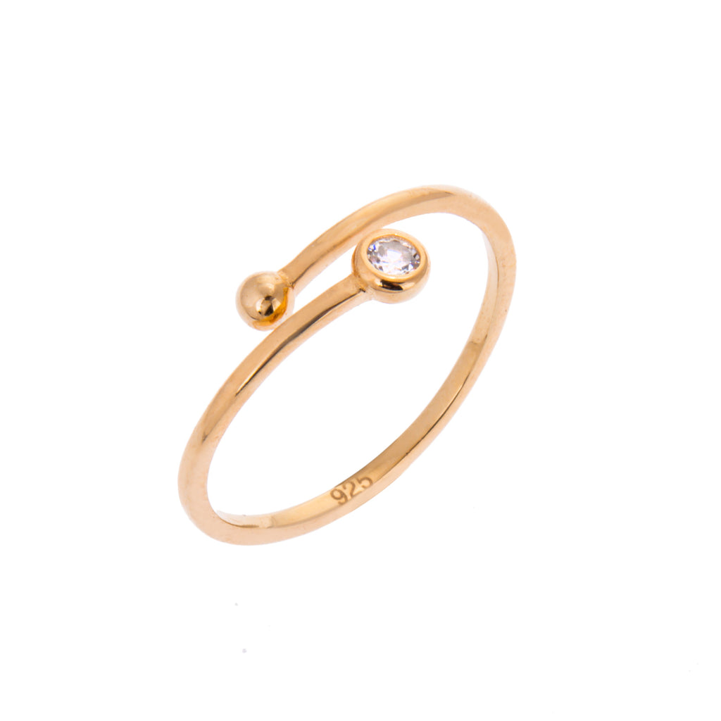 Gelbvergoldet Sterlingsilber Rund Klar CZ Kristall & Kugel Minimalismus Offen Größenverstellbar Ring