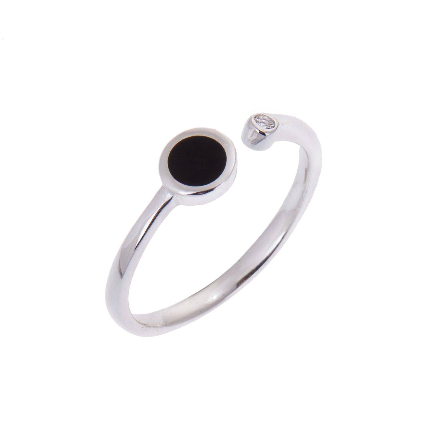 Sterlingsilber Klar Rund CZ Kristall & Schwarz Emaille Scheibe Minimalismus Design Ring
