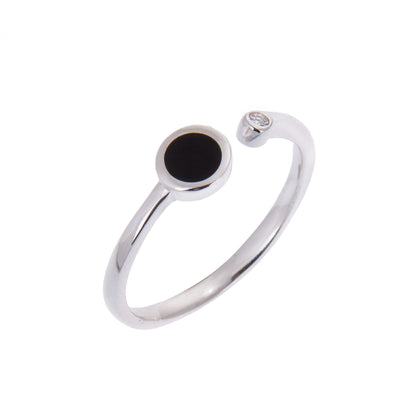 Sterlingsilber Klar Rund CZ Kristall & Schwarz Emaille Scheibe Minimalismus Design Ring