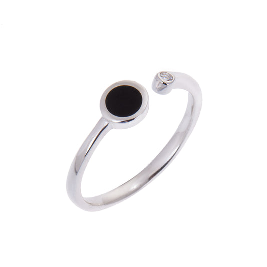Sterlingsilber Klar Rund CZ Kristall & Schwarz Emaille Scheibe Minimalismus Design Ring