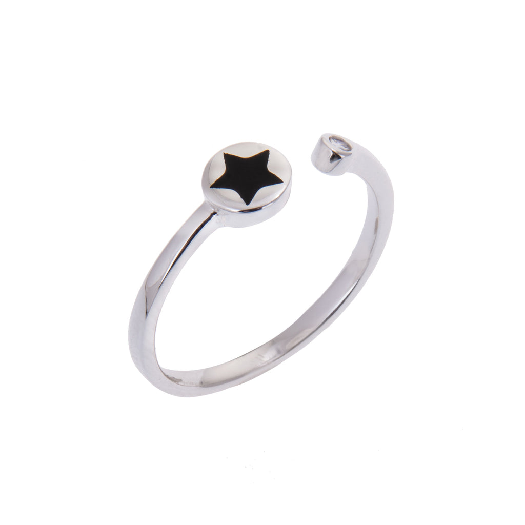 Sterlingsilber Schwarz Emaille Scheibe Stern Ring Größenverstellbar
