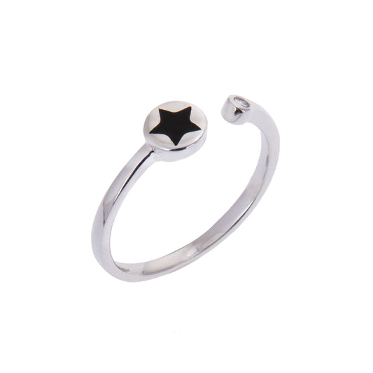 Sterlingsilber Schwarz Emaille Scheibe Stern Ring Größenverstellbar