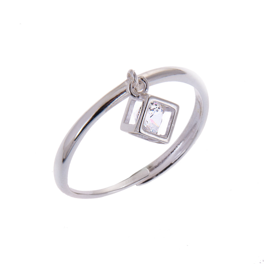 Verstellbarer Ring aus Sterlingsilber mit hängendem Würfel aus klarem Zirkonia