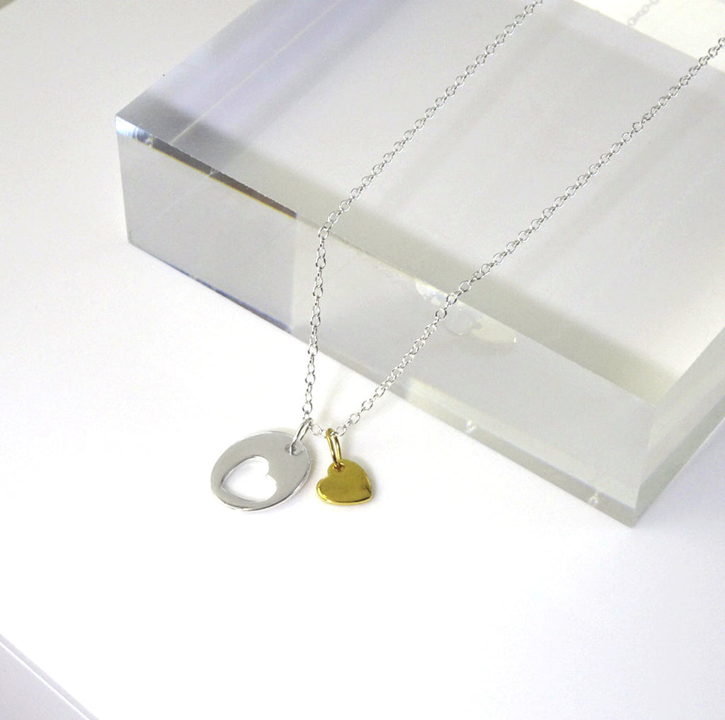 Sterlingsilber Ausgeschnitten Herz Scheibe & Gelbgold getaucht Herz Anhänger Halskette