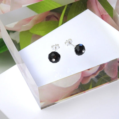 Sterling Silver Black Crystal Bead Stud Earrings