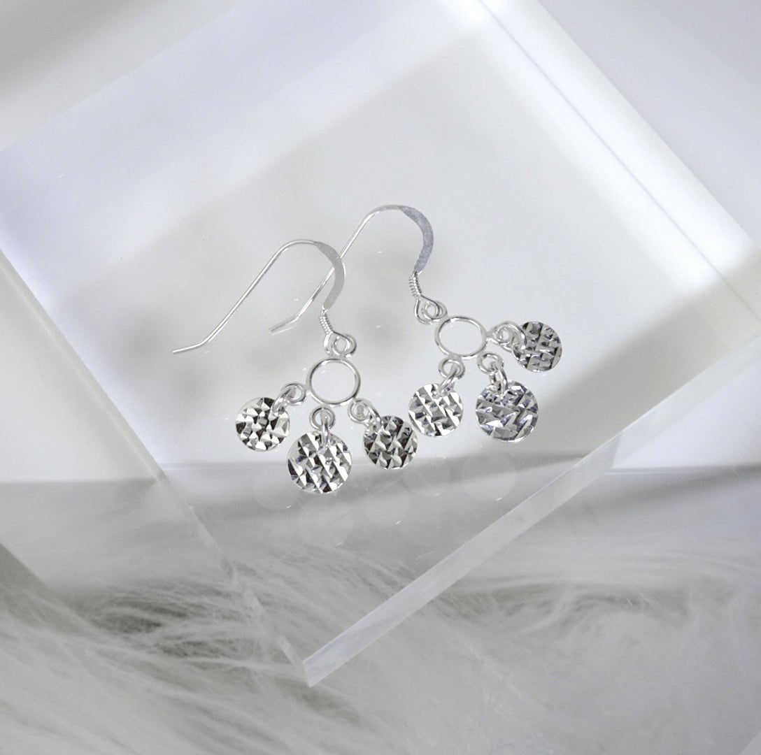 Sterling Silver Triple Faceted Disc Chandelier Earrings - jewellerybox