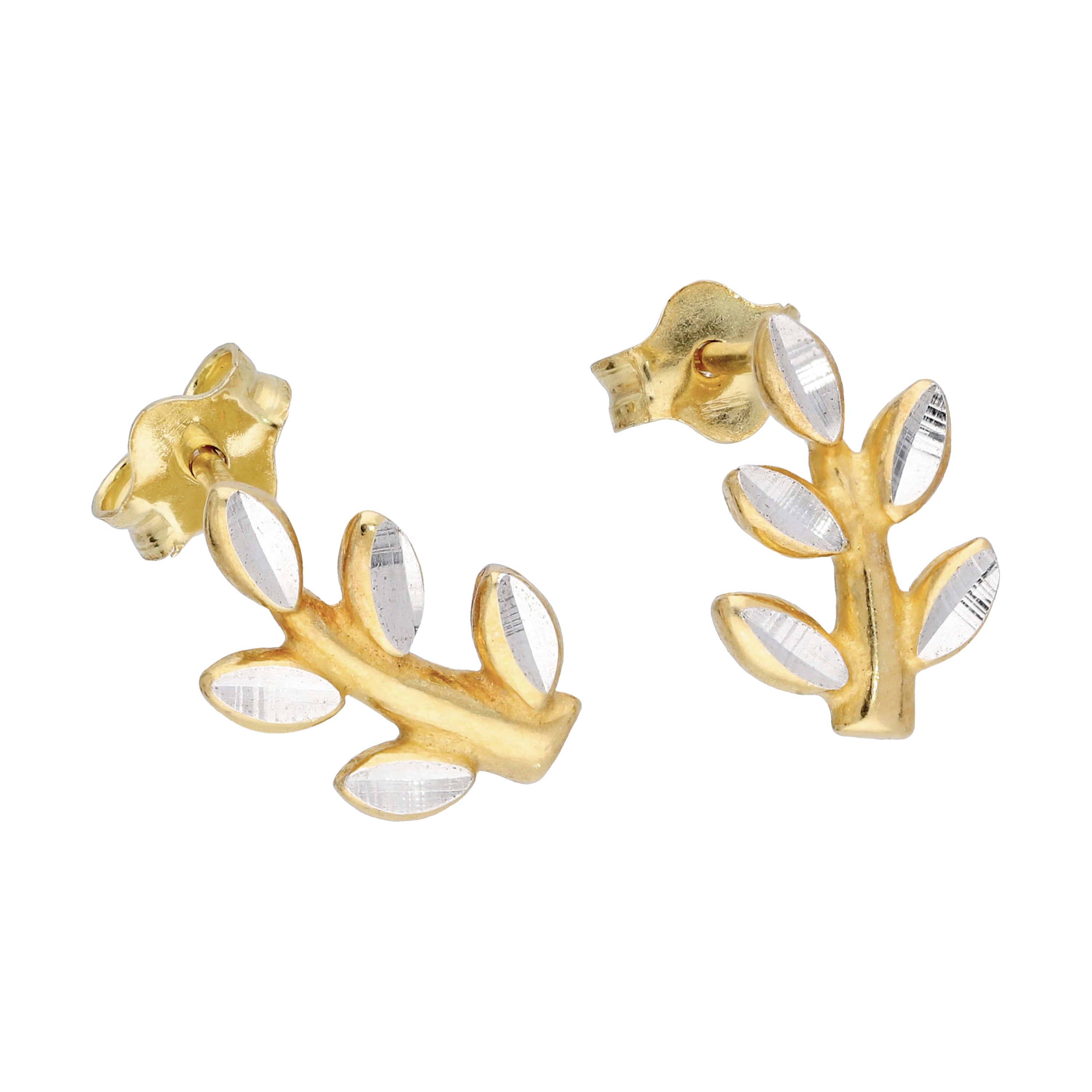Vergoldet Sterlingsilber Diamantschliff Blatt & Zweig - Ohrstecker