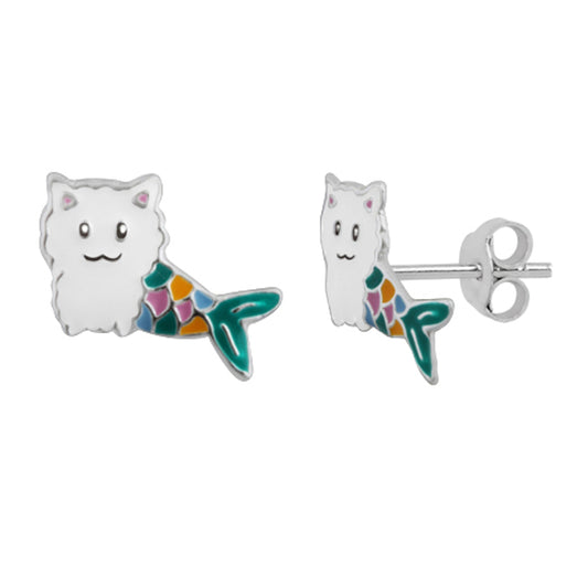 Sterlingsilber Katze Meerjungfrau Regenbogenschwanz Emaille Ohrstecker