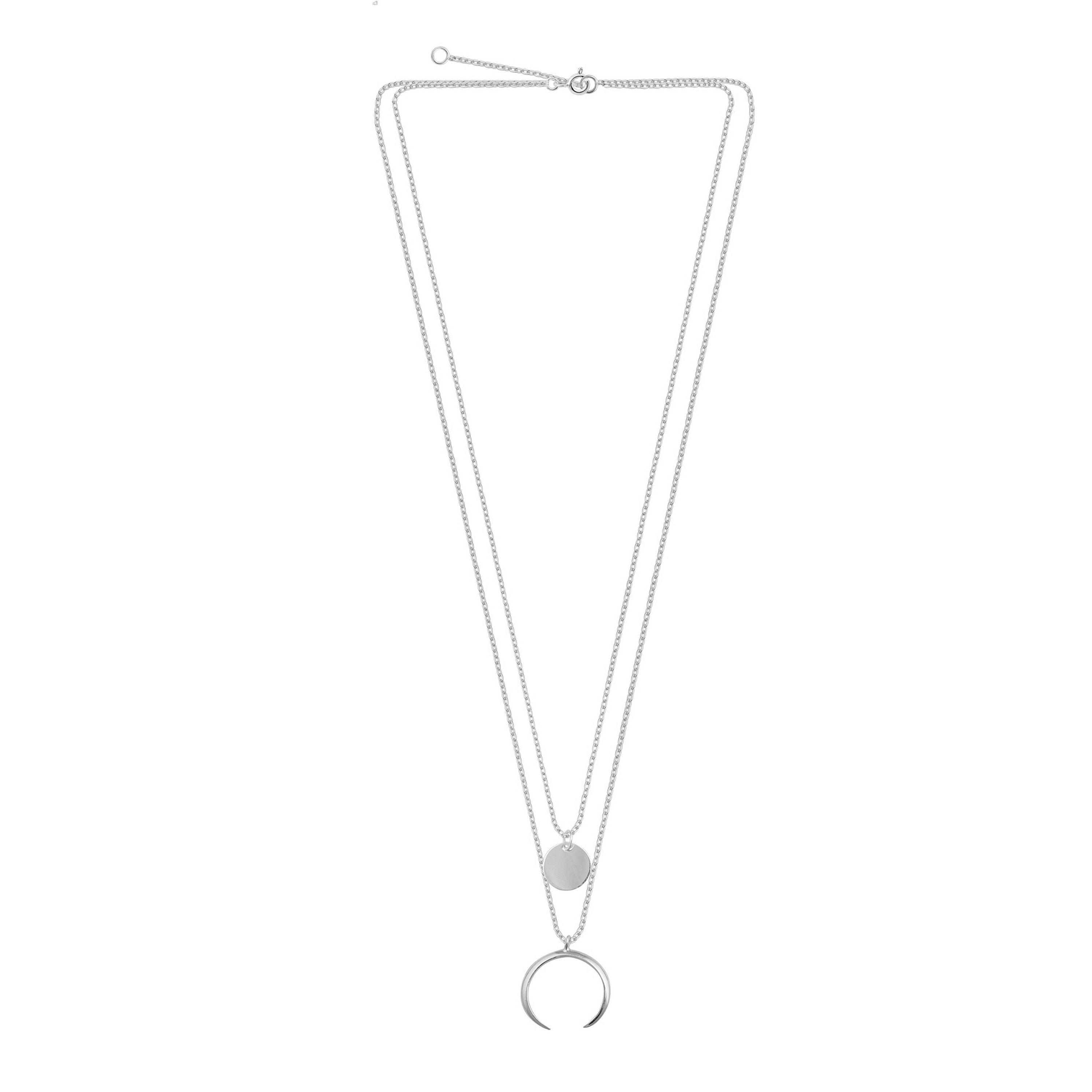 Sterlingsilber Zweilagig Mehrfach Rundscheibe & Halbmond Halskette