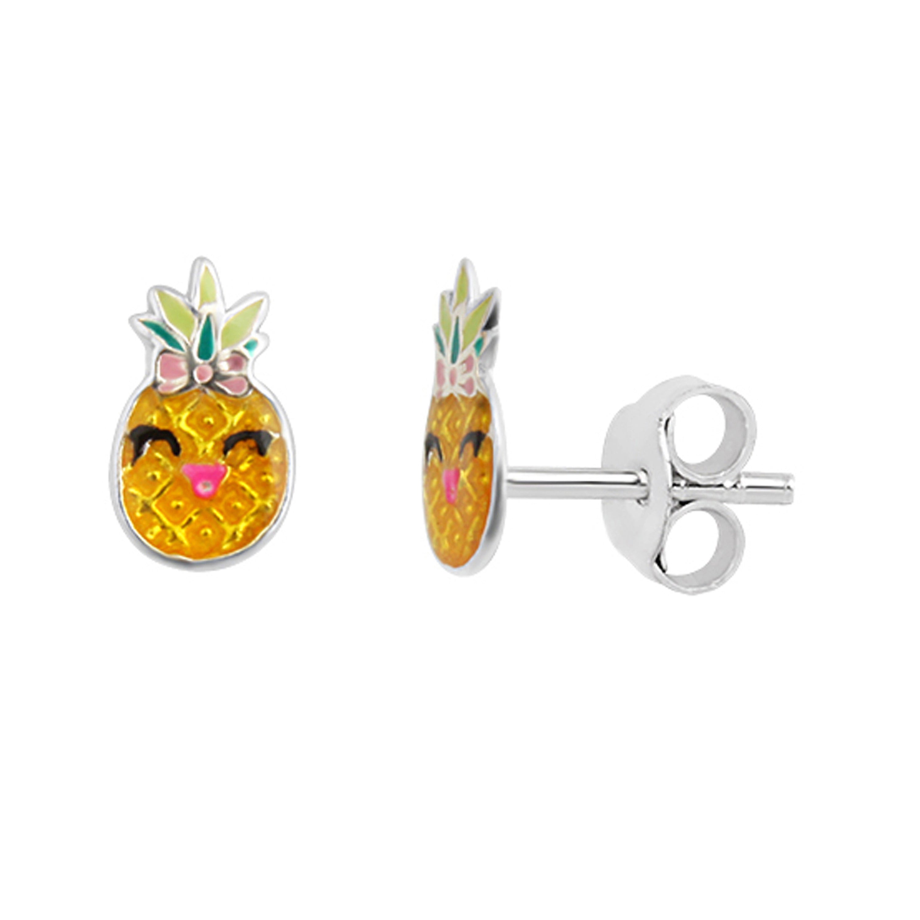Sterlingsilber Lächelnde Ananas Emaille Ohrstecker