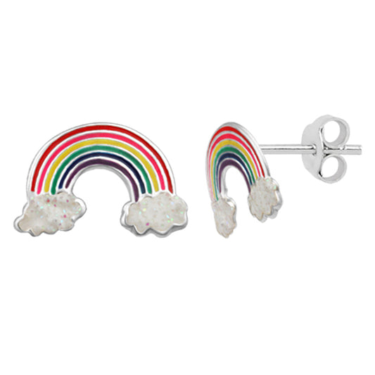 Sterlingsilber Regenbogen & Wolken - Glitzernd Emaille Ohrstecker