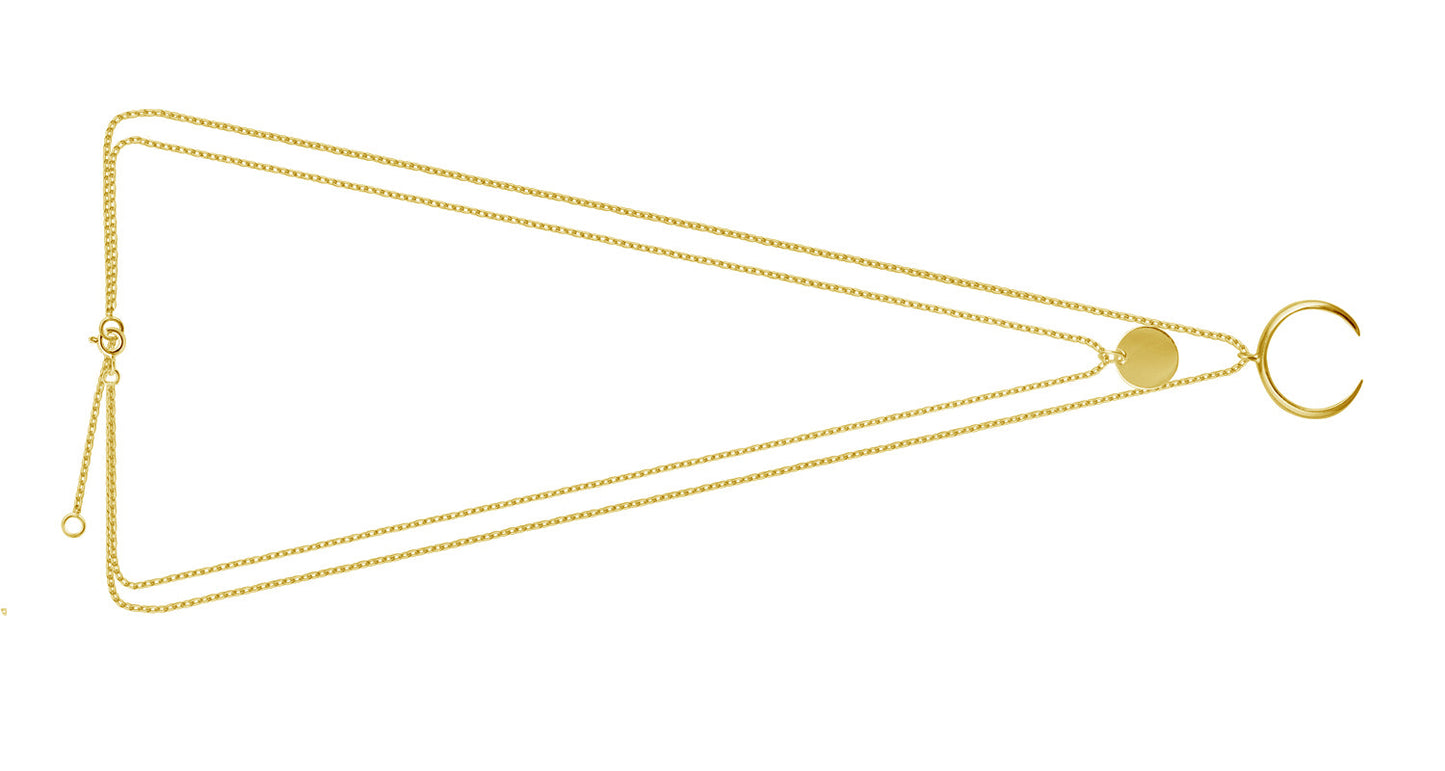 Gelbvergoldet Sterlingsilber Mehrfach Zweilagig Rundscheibe & Mondsichel Anhänger Halskette