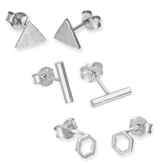 Sterlingsilber Drei Paar Geometrie Design Ohrstecker Satz