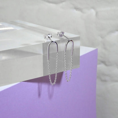 Sterling Silver Curve Bar Chain Stud Earrings