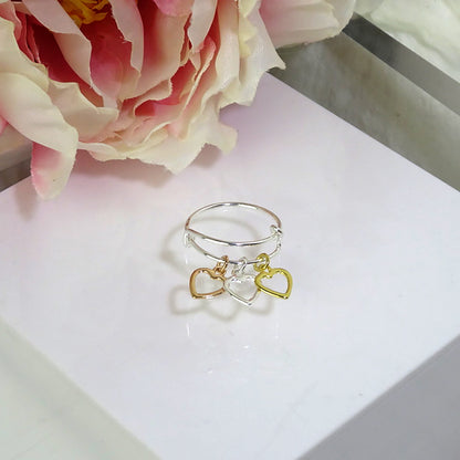 Sterling Silver & Gold Plated Triple Heart Drop Adjustable Ring
