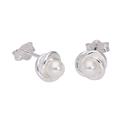 Sterling Silver Knot White Freshwater Pearl Stud Earrings