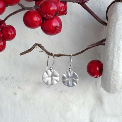 Sterling Silver Hammered Round Disc Drop Earrings