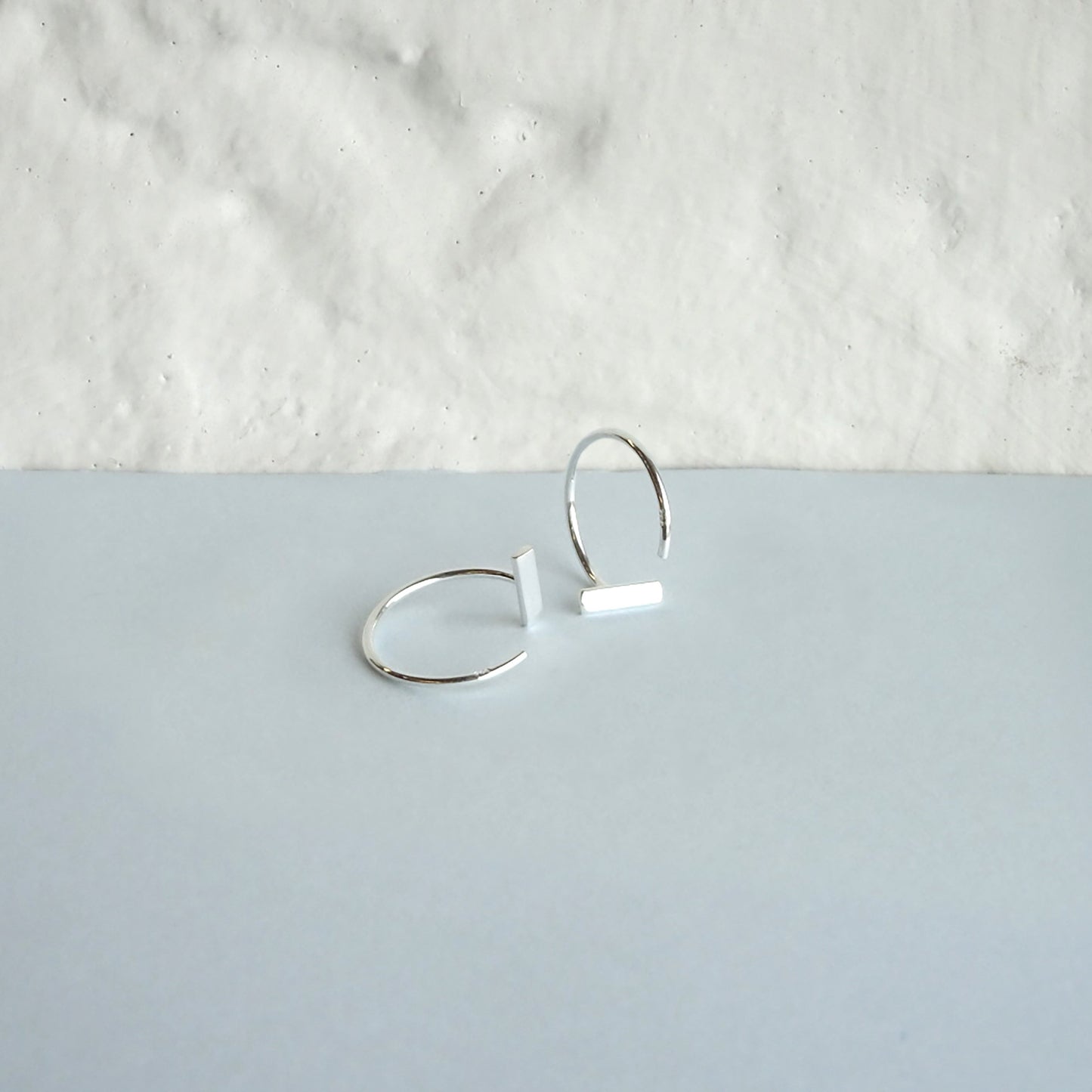 Sterling Silver Minimalist Flat Rectangle Bar Pull Through Open Hoop Earrings