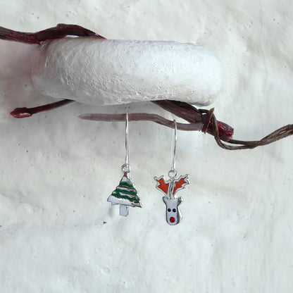 Sterlingsilber Rentier & Weihnachtsbaum Ohrringe