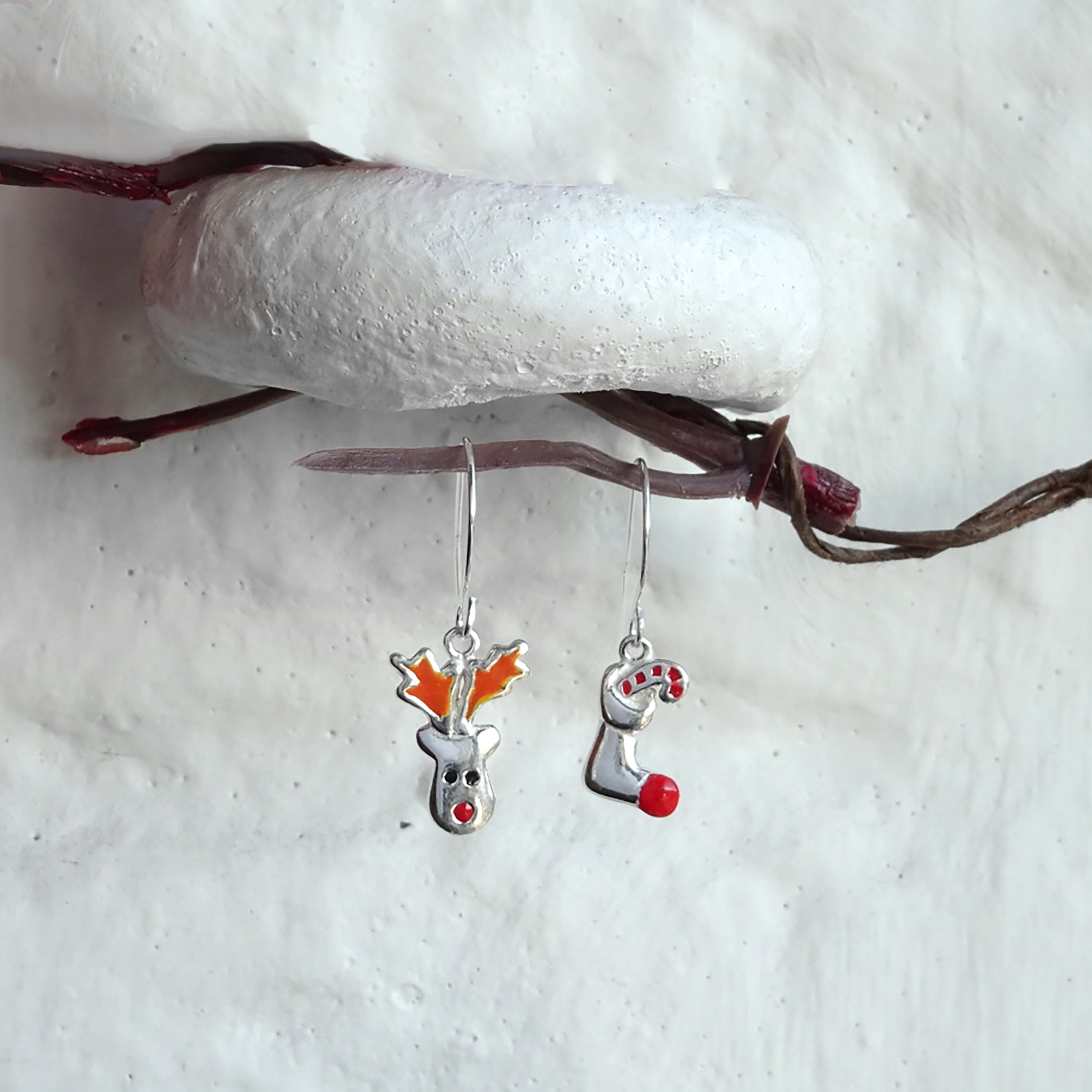 Sterlingsilber Rentier & Weihnachtsstrumpf Weihnachten Ohrringe