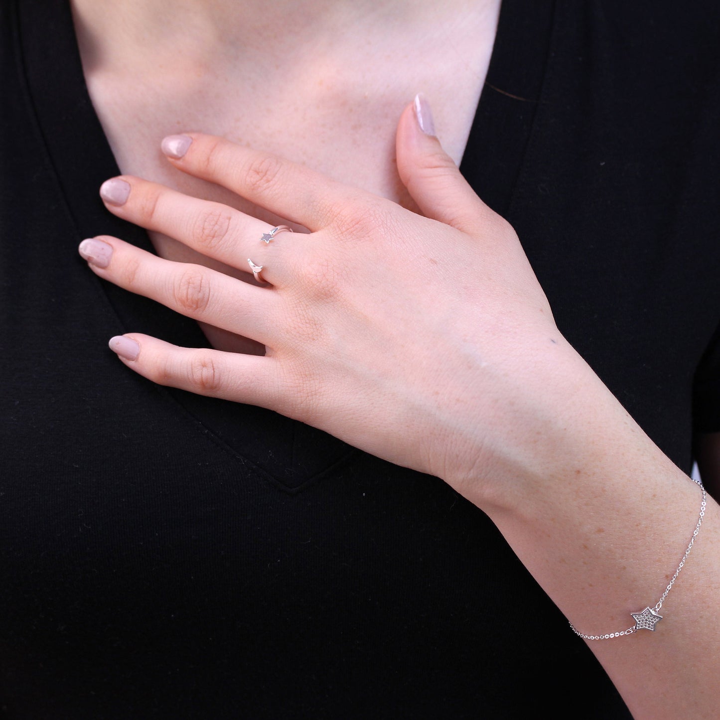 Sterlingsilber Mond & Stern Offen Ring Größenverstellbar