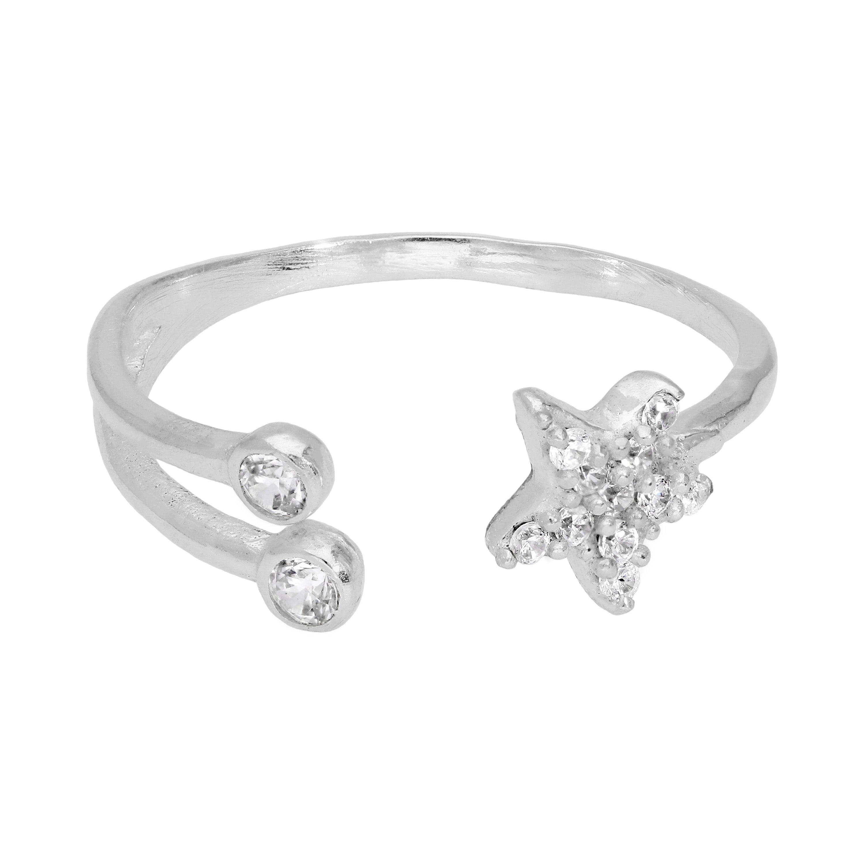 Sterlingsilber Klar CZ Kristall Stern Offen Ring Größenverstellbar