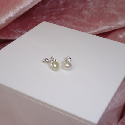 Sterling Silver Freshwater Pearl Clear CZ Stud Earrings