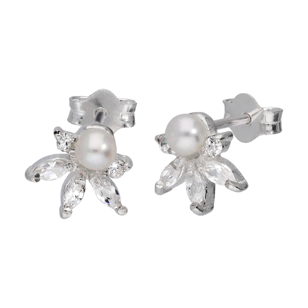 Sterlingsilber CZ Kristall Blume & Süßwasserperle Ohrringe