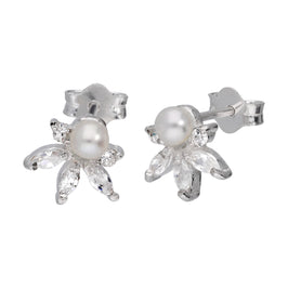 Sterlingsilber CZ Kristall Blume & Süßwasserperle Ohrringe