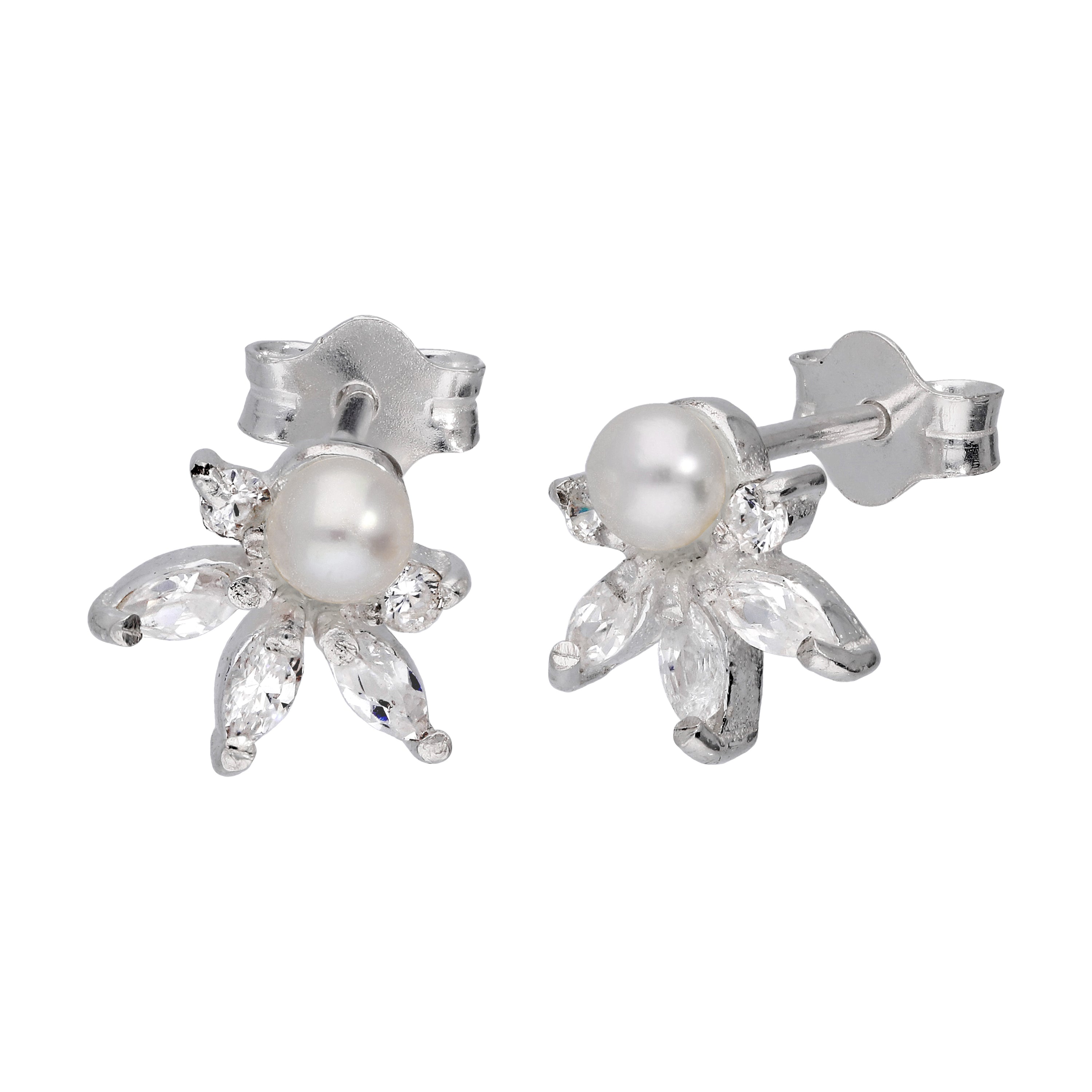 Sterlingsilber CZ Kristall Blume & Süßwasserperle Ohrringe