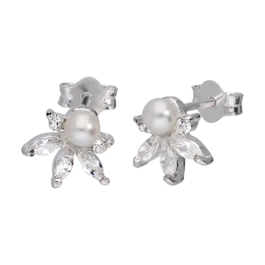Sterling Silver Clear CZ Flower Freshwater Pearl Stud Earrings