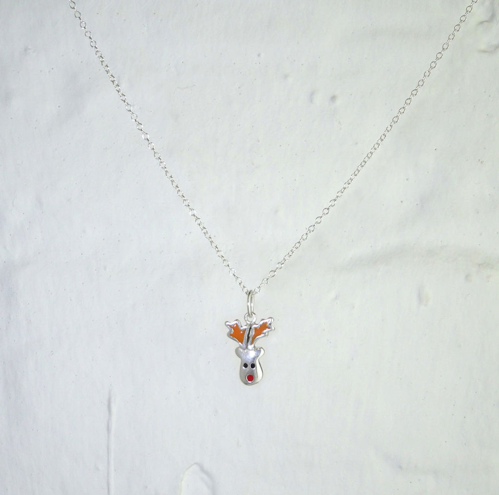 Sterlingsilber Halskette mit rotem Rentier und Emaille