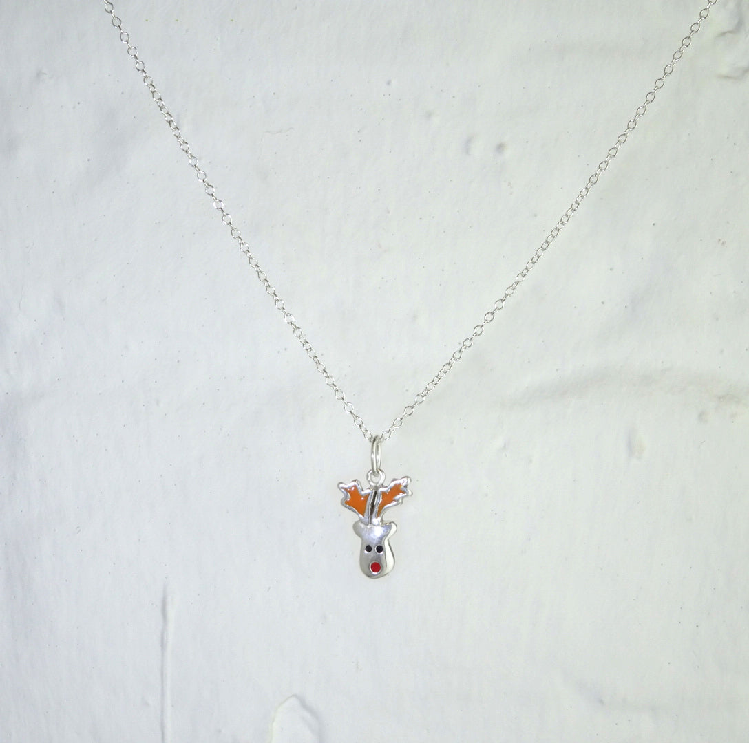 Sterlingsilber Halskette mit rotem Rentier und Emaille