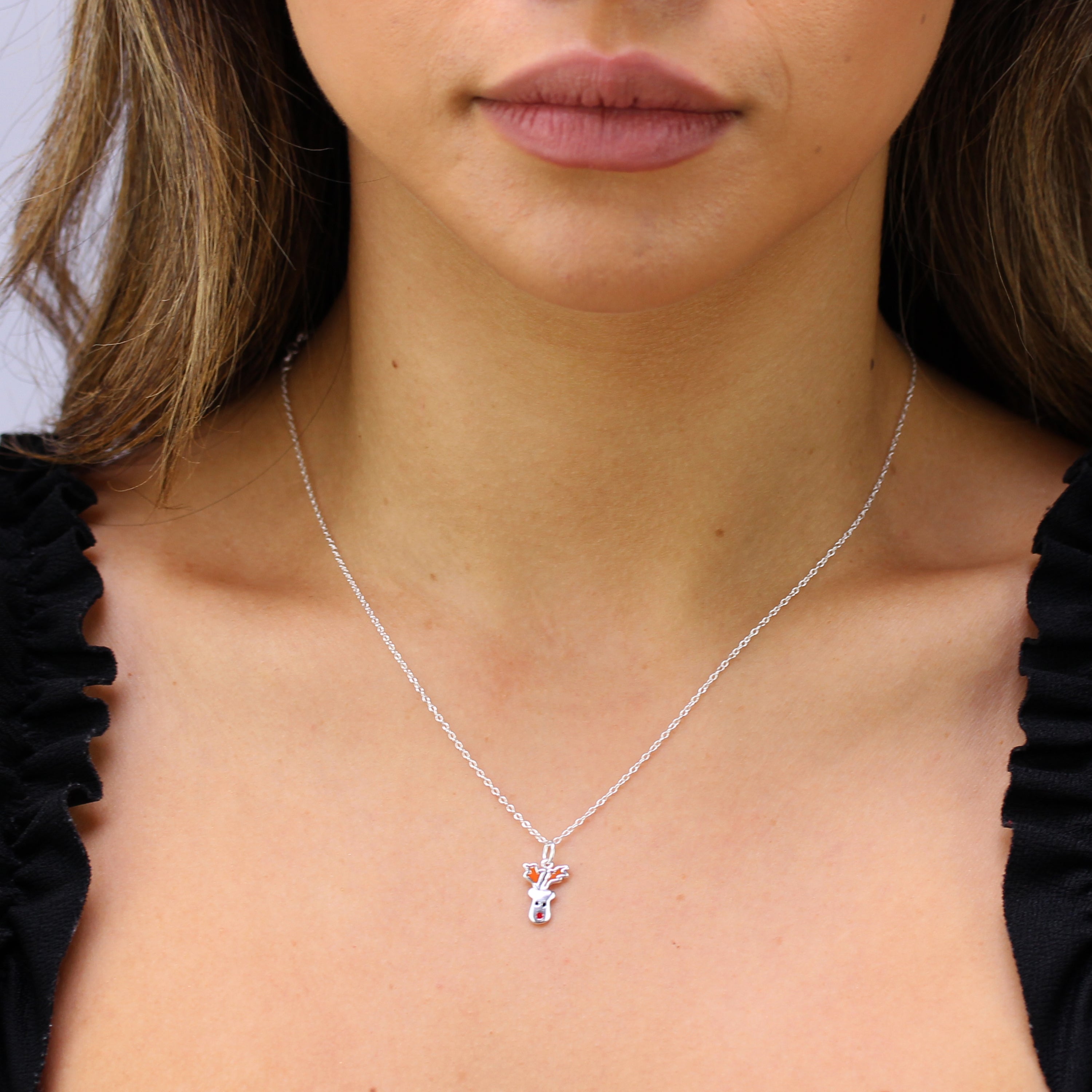 Sterlingsilber Halskette mit rotem Rentier und Emaille