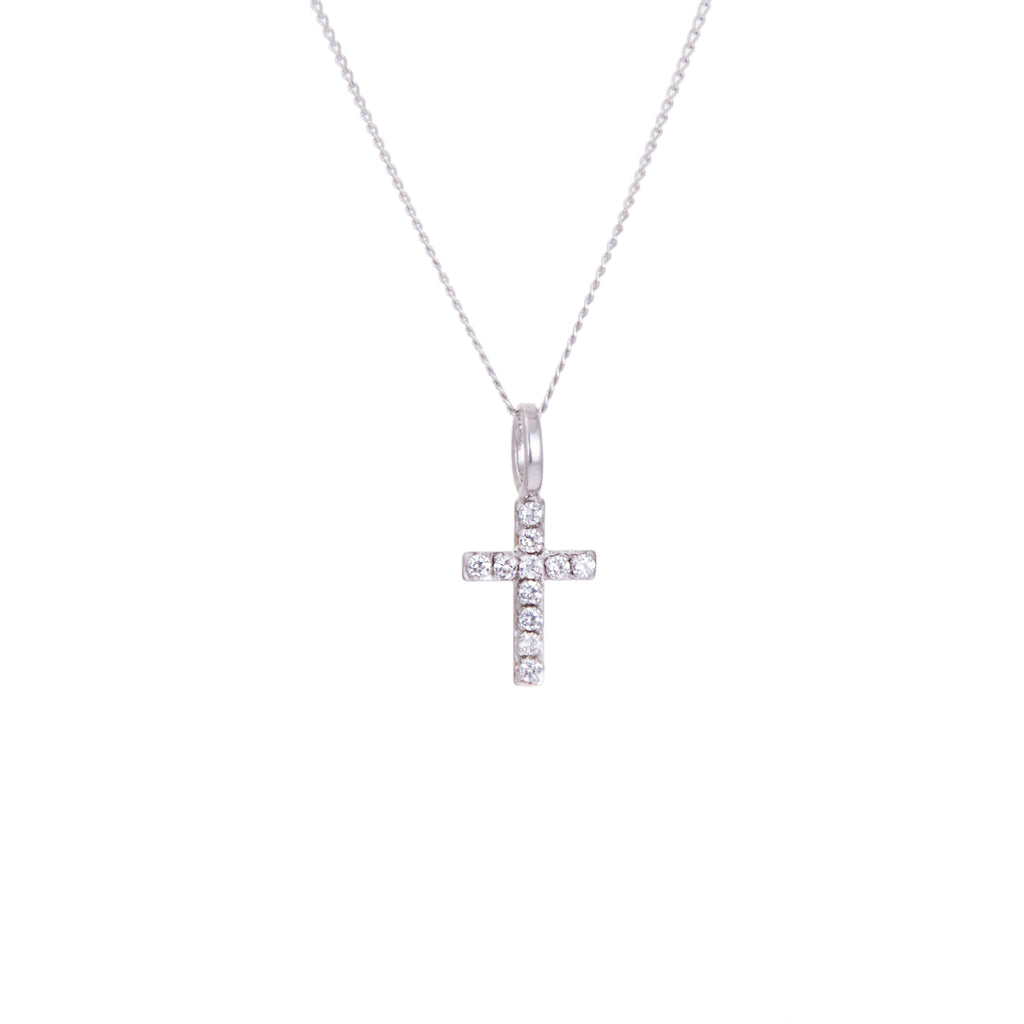 Kleine 9-karätige Weißgold-Halskette mit klarem Zirkonia-Kreuz – 16–20 Zoll