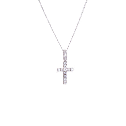 Kleine 9-karätige Weißgold-Halskette mit klarem Zirkonia-Kreuz – 16–20 Zoll