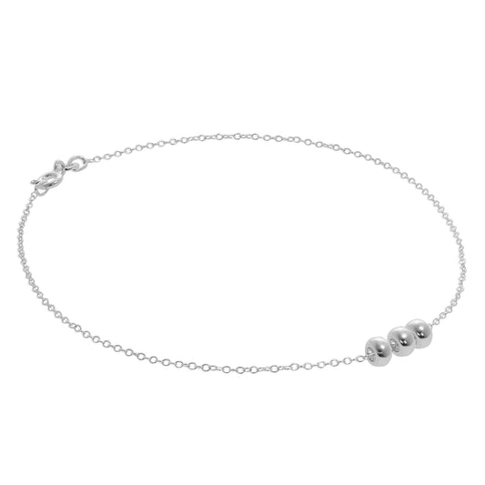 Sterling Silver Triple Round Ring Bead Anklet - 10 Inches