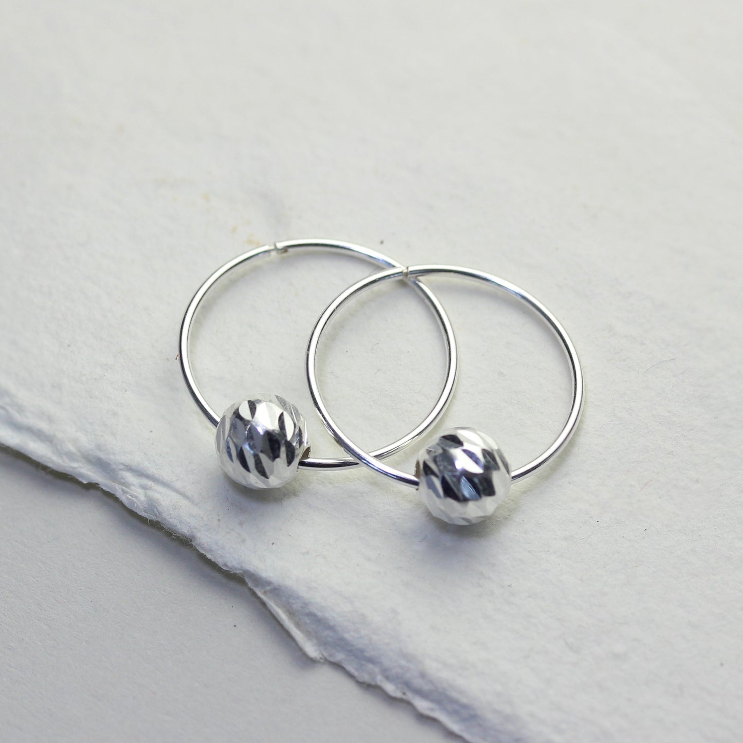 Sterling Silver 18mm Hoop Earrings with Diamond Cut Ball Beads