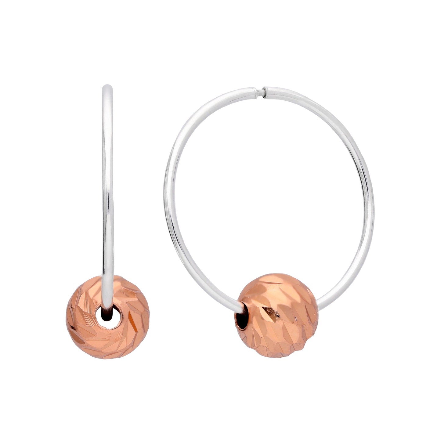 Sterling Silver 18mm Hoop Earrings with Rose Gold Plated Diamond Cut Ball Beads