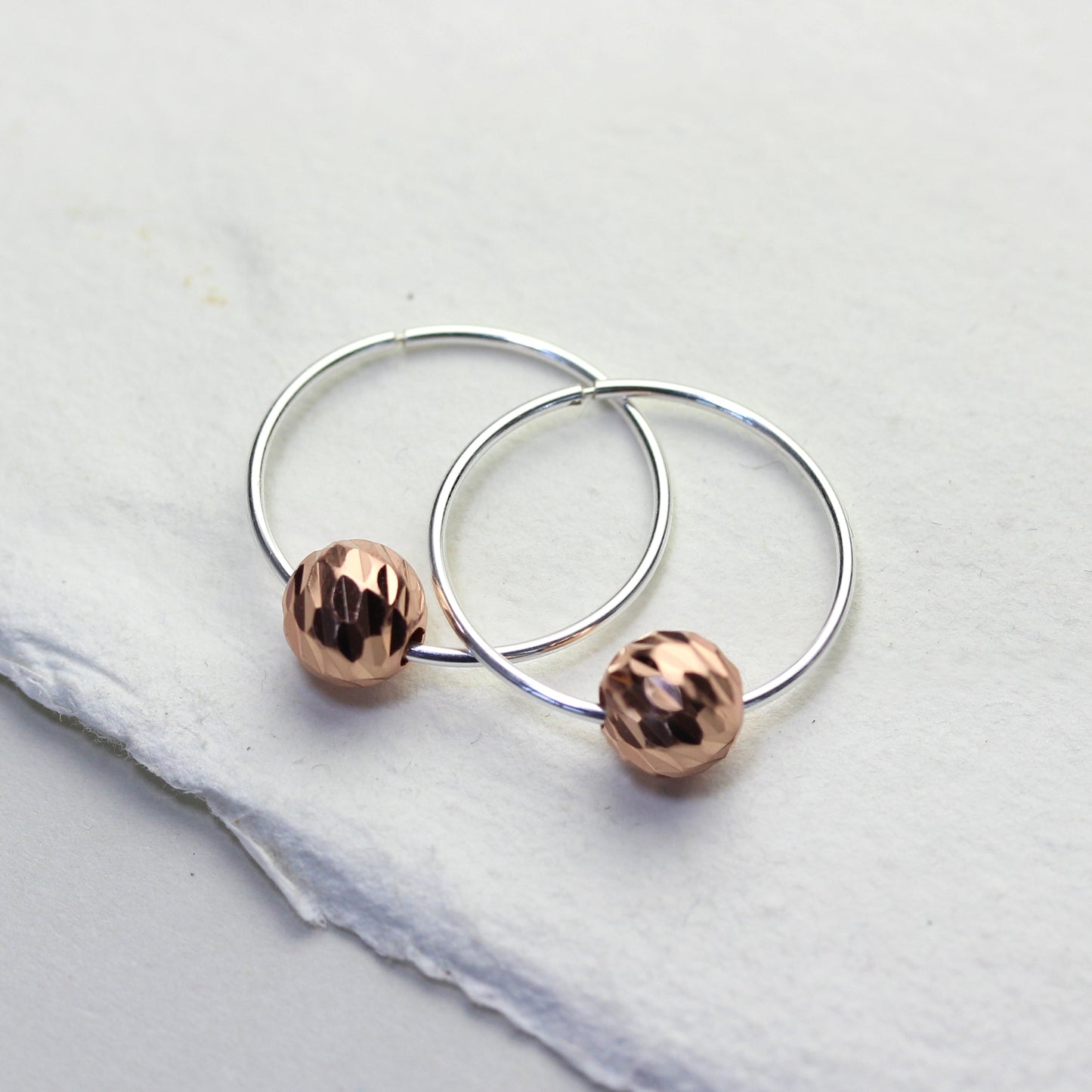 Sterling Silver 18mm Hoop Earrings with Rose Gold Plated Diamond Cut Ball Beads