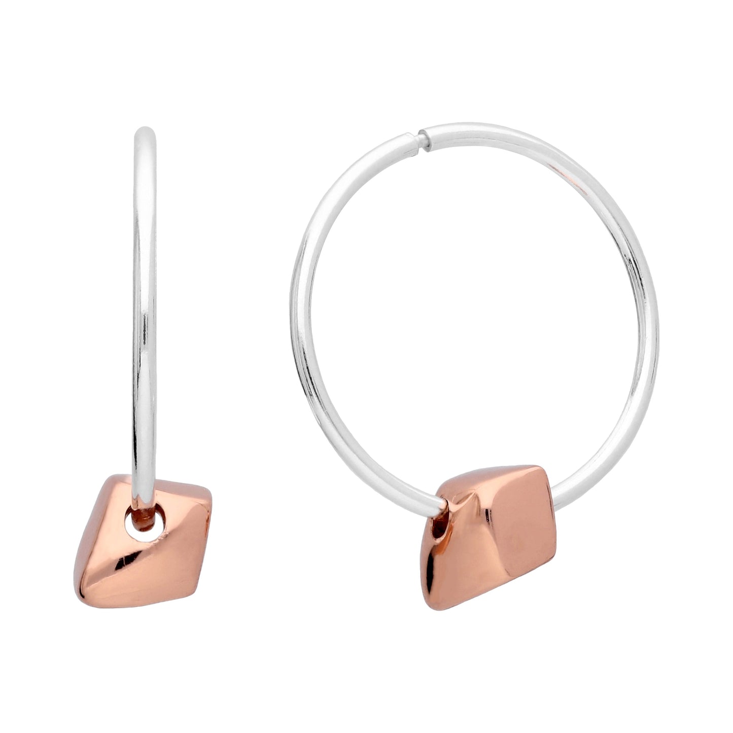 Sterling Silver 14mm Hoop Earrings with Rose Gold Plated Nugget Bead Charms