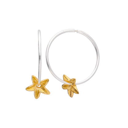 Sterling Silver 18mm Hoop Earrings with Gold Plated Lily Flower Bead Charms