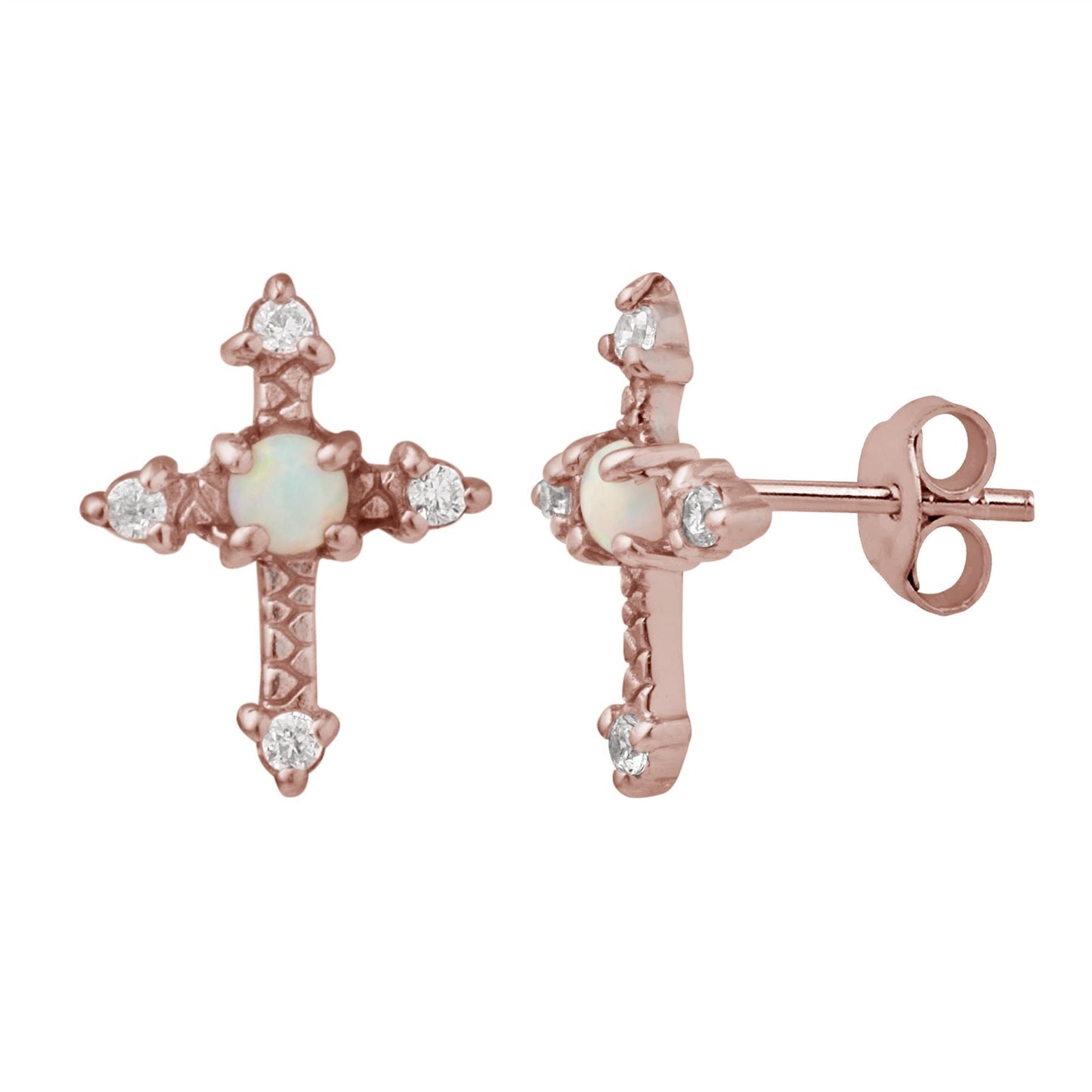 Rose Gold Plated Sterling Silver Cross CZ Faux Opal Stud Earrings